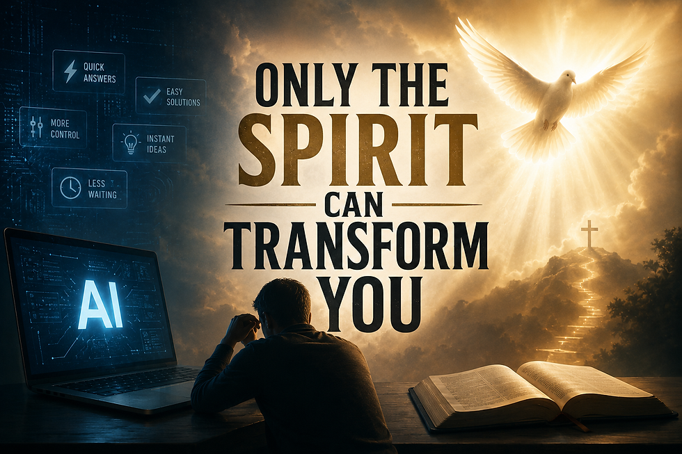 Christian praying between AI technology and an open Bible with a glowing dove representing the Holy Spirit, illustrating that only the Holy Spirit can transform a person's heart.