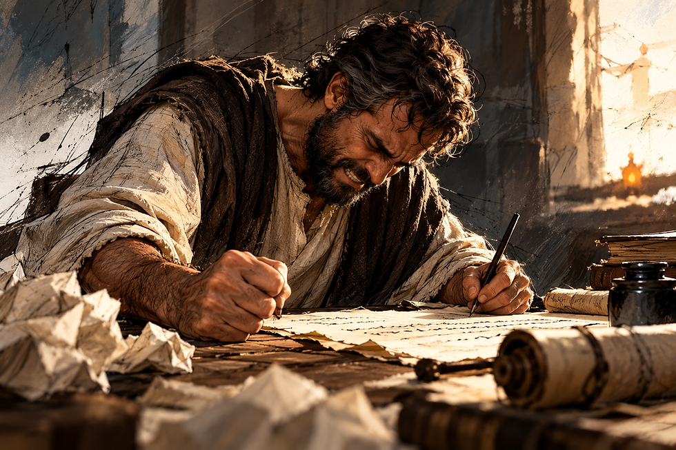 A man slamming fist on desk while writing a letter