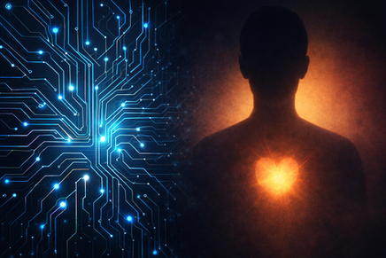 Silhouette with glowing heart on right. Blue circuitry on left. Contrast of warmth and tech suggests emotion vs technology theme.