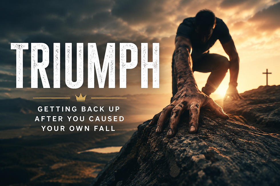 A man climbs back onto a rocky cliff at sunrise, symbolizing triumph, repentance, and spiritual restoration after failure in the Christian life.