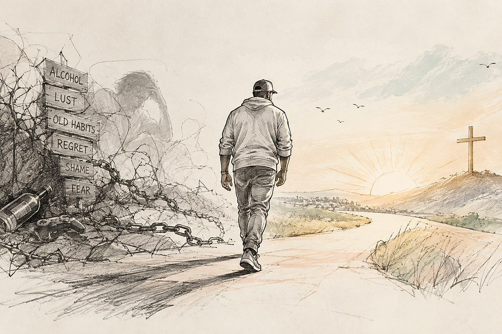 Man walks toward sunrise and cross, leaving alcohol, lust, old habits, regret, shame and fear behind.