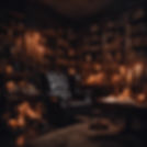 A Dark academia style study with whimsical objects all around a big leather chair in front