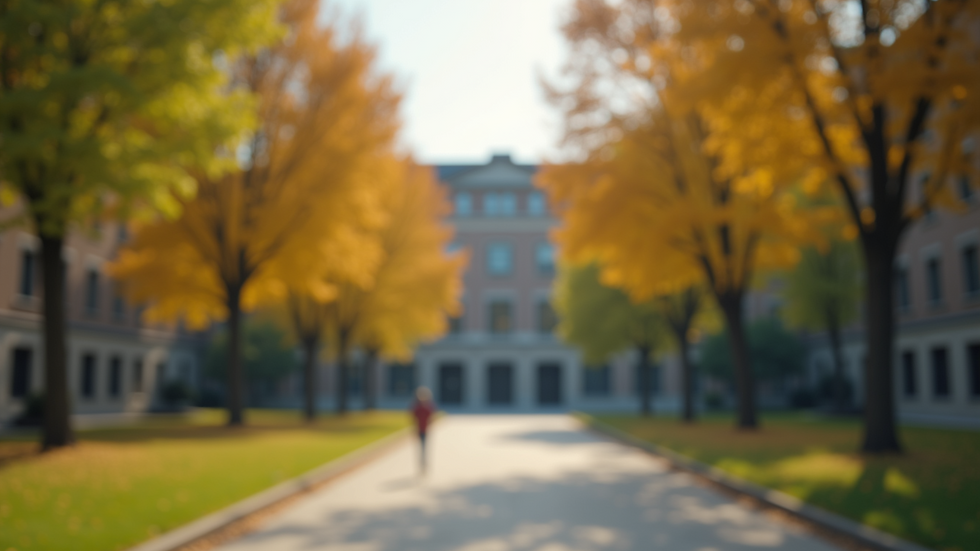 Eye-level view of a vibrant university campus scene