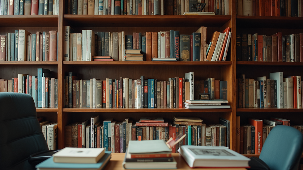 High angle view of eclectic bookshelves filled with diverse educational materials