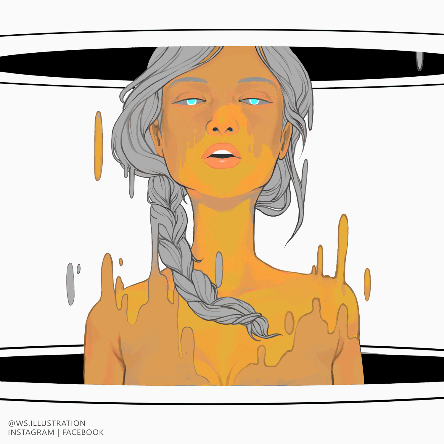"Digital Illustration |
An animation of a bust of a woman with yellow and brown patched skin and grey braided hair, looks at the viewer with heavy-lidded eyes and an open mouth. She is caught in between two black horizontal black holes that warp her body into drips that move between both black holes on a white background. https://www.whitneysalgado.com/biolocation. All images copyright Whitney Salgado.