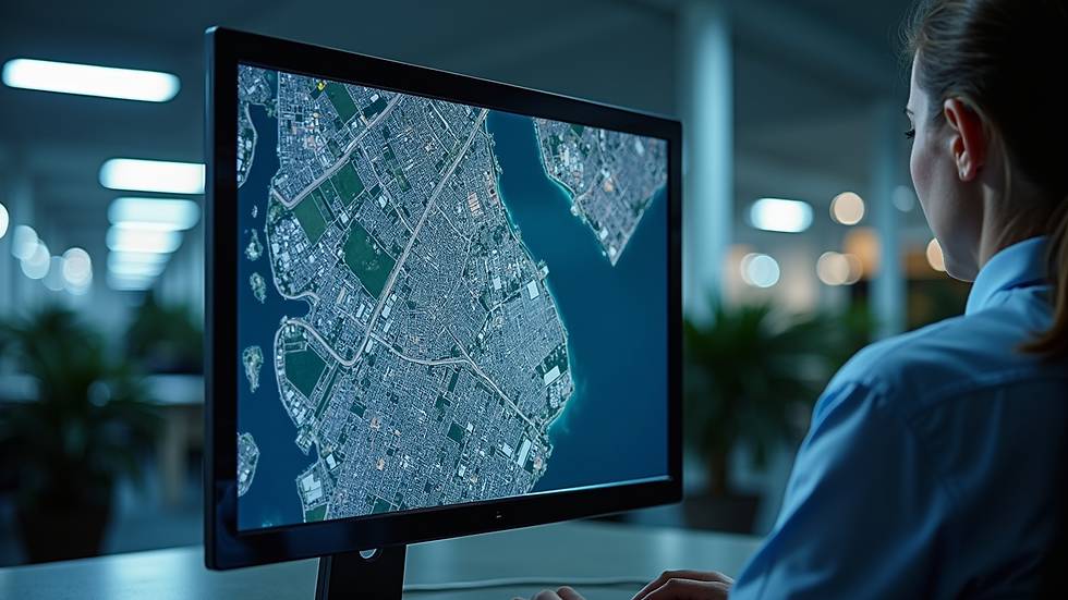 Eye-level view of a satellite image displayed on a computer screen showing urban infrastructure