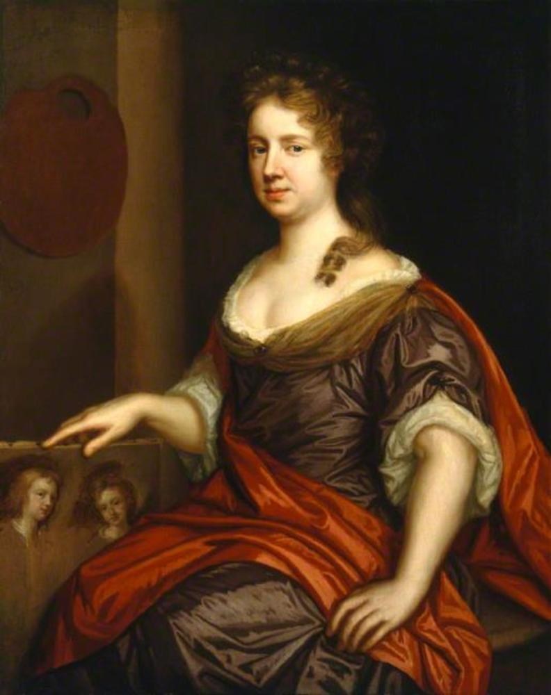 Mary Beale, Self-Portrait (c. 1666), oil on canvas, a woman holding an artist palette and a canvas showing two of her children, dressed in loose studio drapery.