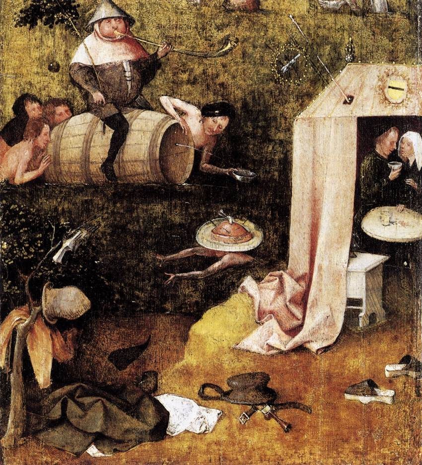 Hieronymus Bosch, Allegory of Gluttony and Lust (c. 1500), the lower fragment showing a fat man riding a wine barrel and figures drinking.