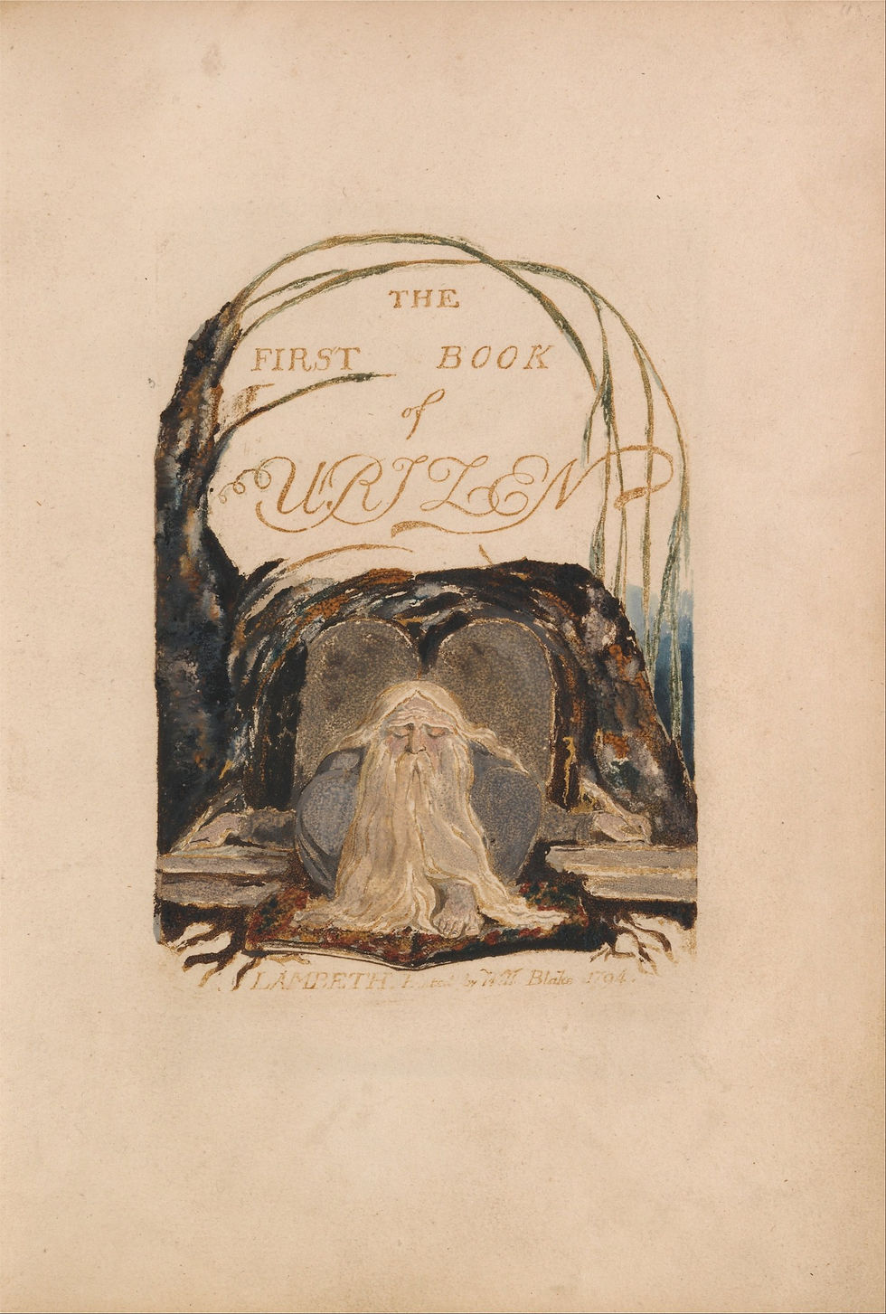 William Blake, The First Book of Urizen, title page (1794), relief etching with hand colouring.