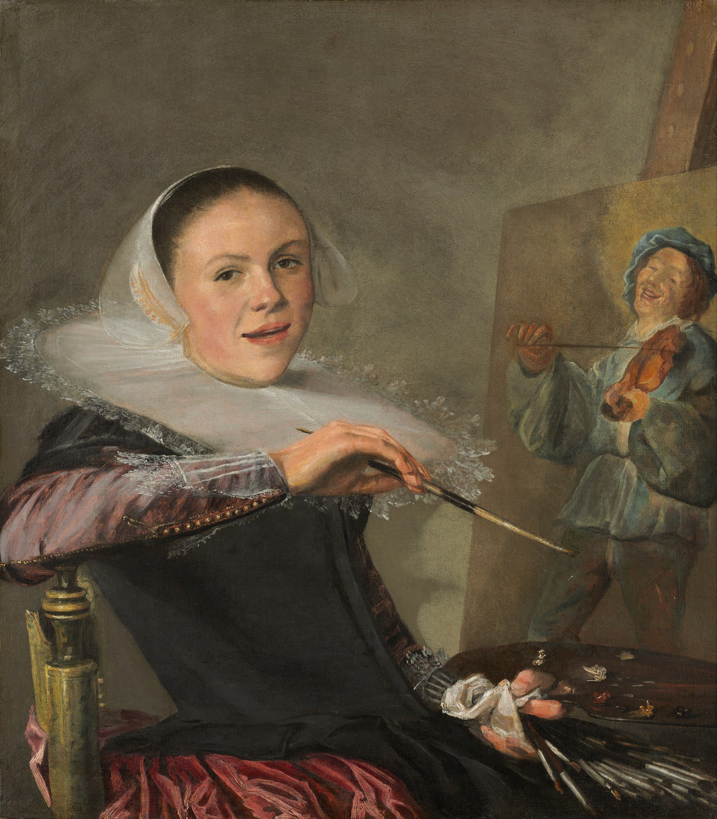 Judith Leyster, Self-Portrait (c. 1630), oil on canvas, a smiling woman turning from her easel to face the viewer, brush in hand, a violinist visible on the canvas she is painting.