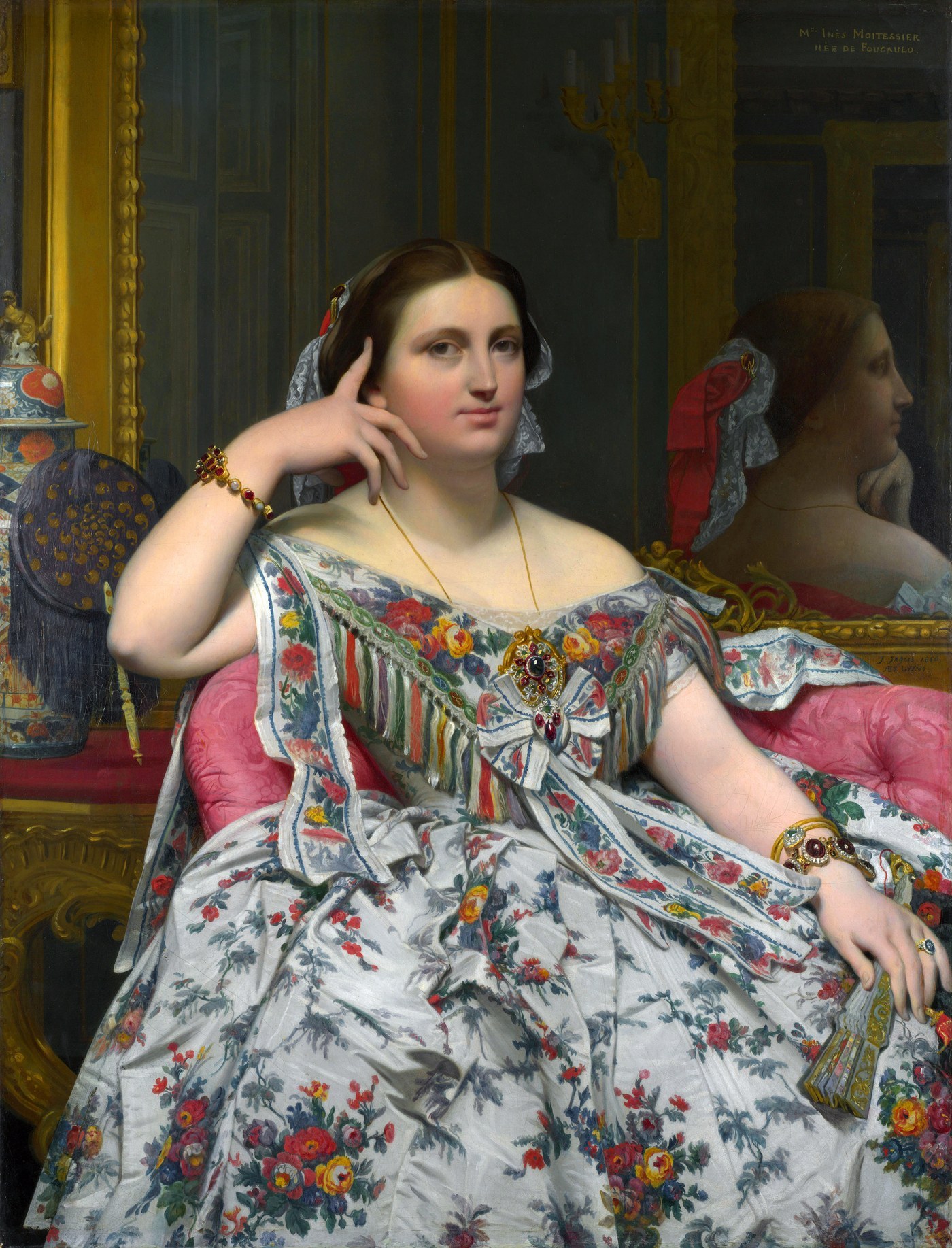 Jean-Auguste-Dominique Ingres, Madame Moitessier (1856), oil on canvas, a seated woman in a flowered dress with her profile shown in a mirror.
