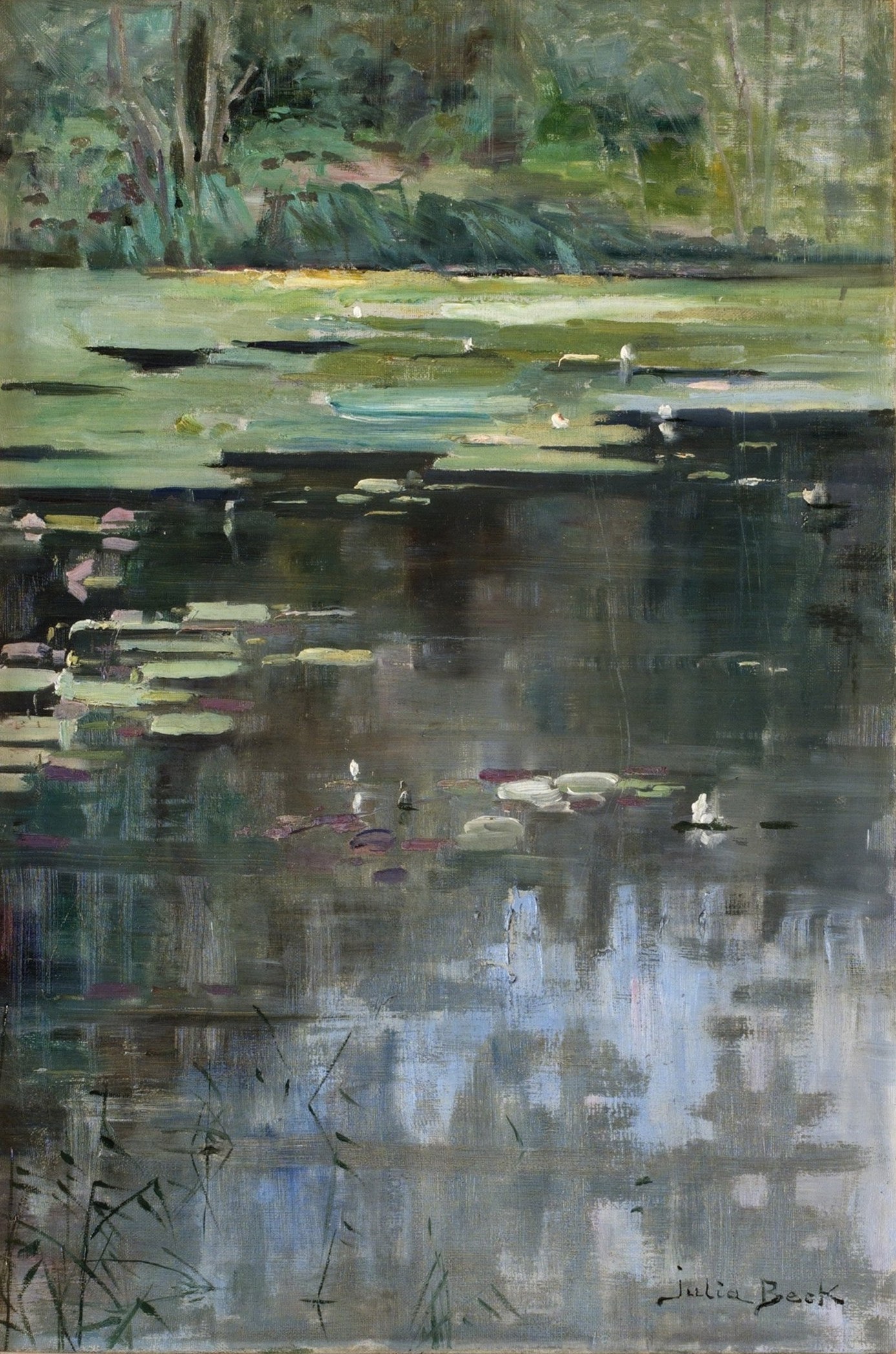Julia Beck, River Landscape with Water Lilies (c. 1885), oil on canvas, a still river reflecting pale sky and green trees with pink and white water-lily pads scattered across the mirror-like surface.