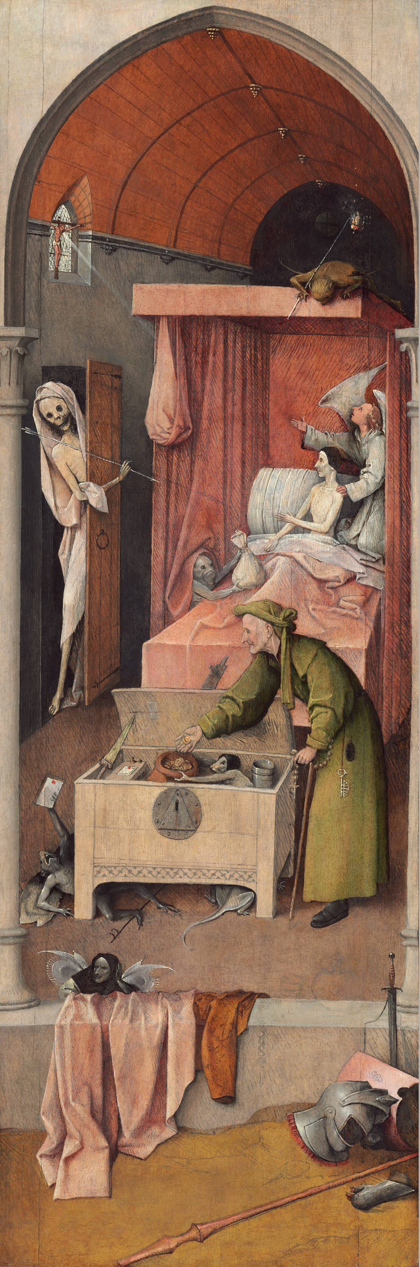 Hieronymus Bosch, Death and the Miser (c. 1500), a tall narrow panel showing a dying man between an angel and a demon while Death enters the room.