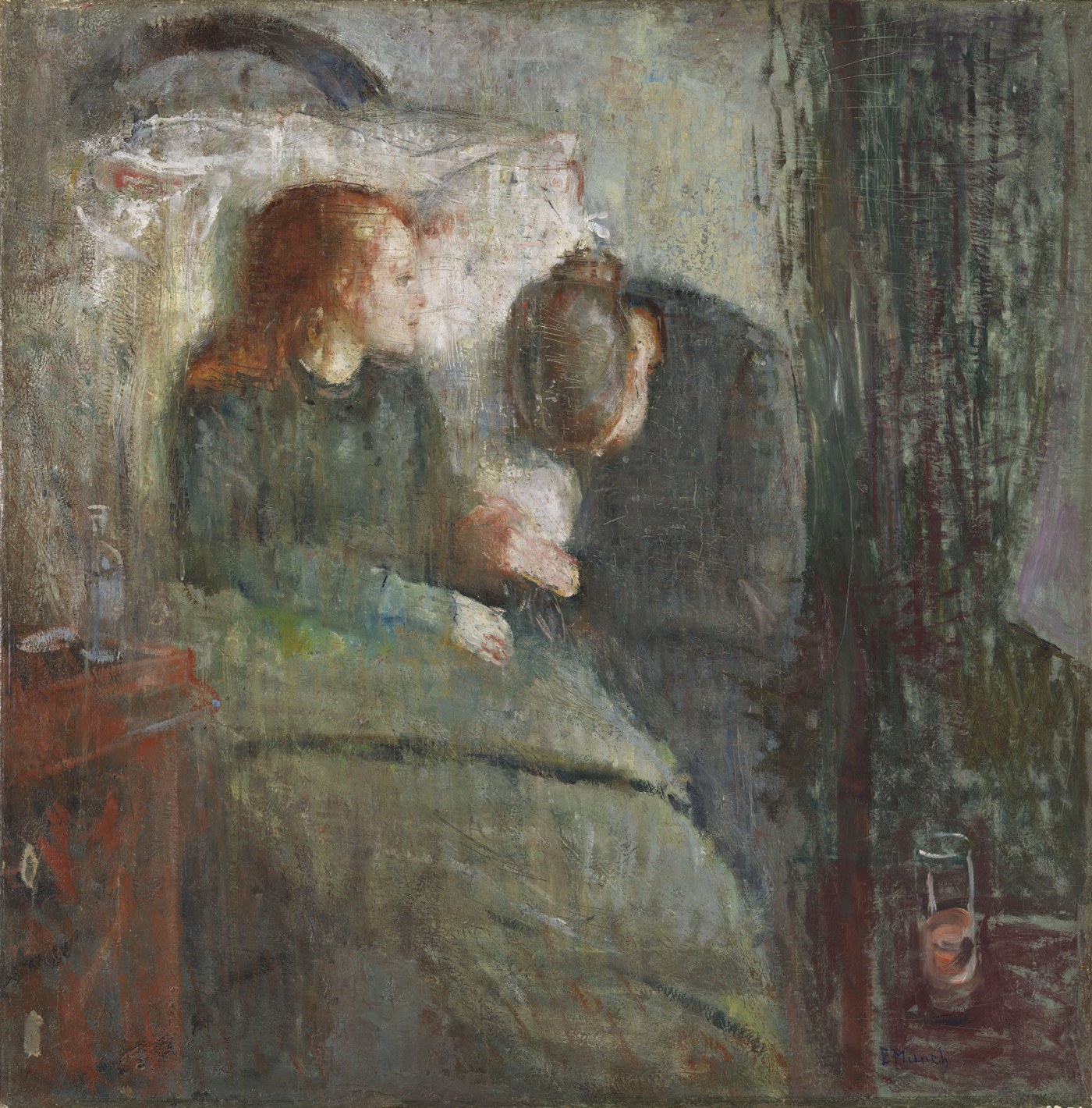 Edvard Munch, The Sick Child (1885), oil on canvas, a pale girl propped on a white pillow turning toward a grieving woman who bows her head.