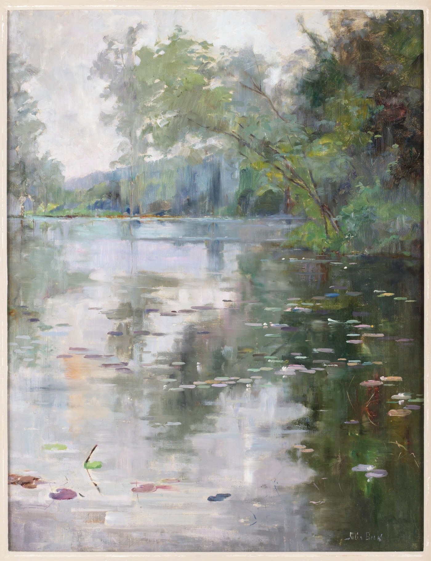 Julia Beck, Water Lilies, Pond (c. 1887), oil on canvas, a dark reflecting pond covered with lily pads and pale blossoms, trees mirrored in the deep green water.