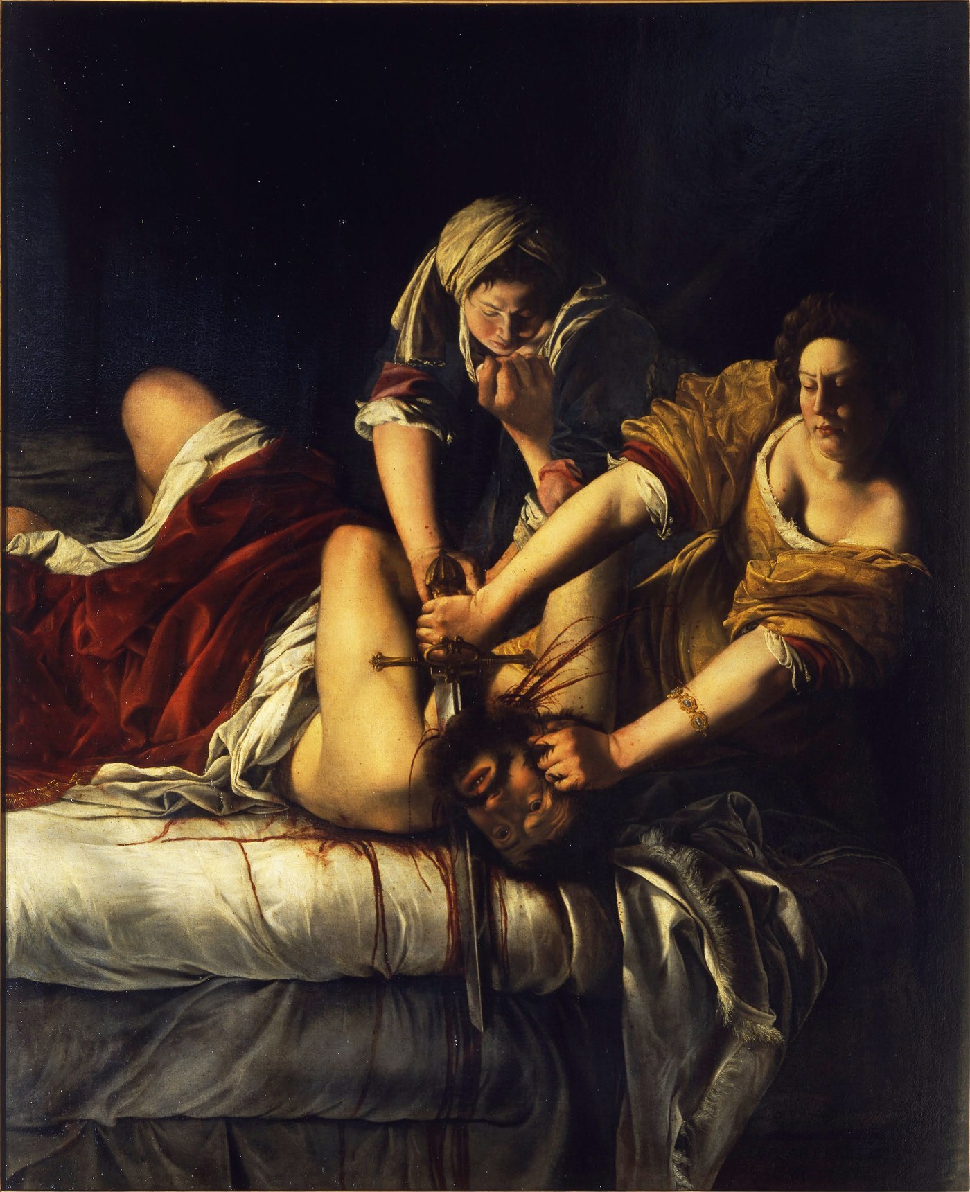 Artemisia Gentileschi, Judith Slaying Holofernes (c. 1620), oil on canvas, two women pinning a bearded man to a bed and beheading him by candlelight in deep chiaroscuro.