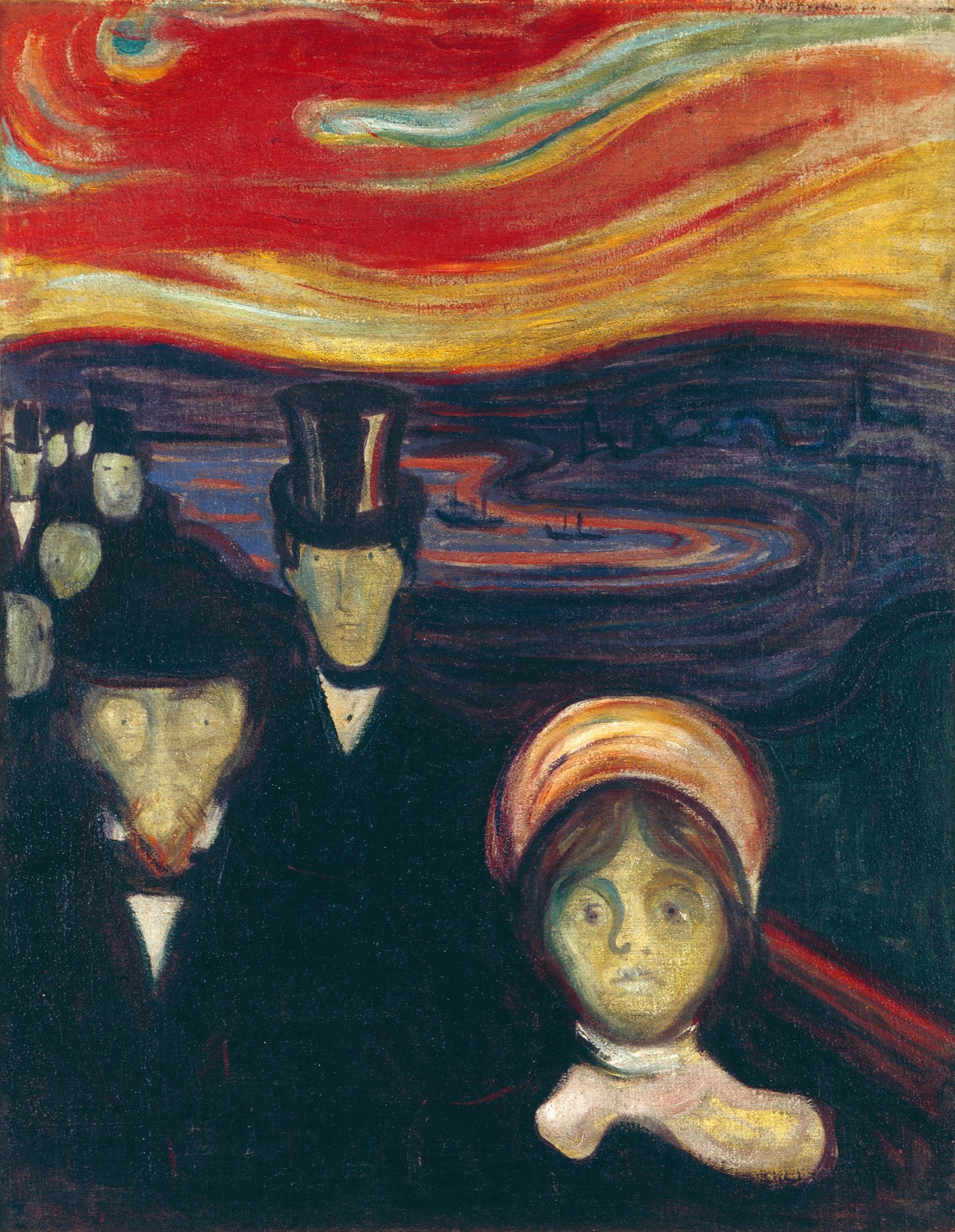 Edvard Munch, Anxiety (1894), oil on canvas, a crowd of pale hollow-eyed figures in dark coats pressing forward under a blood-red sky above a fjord.