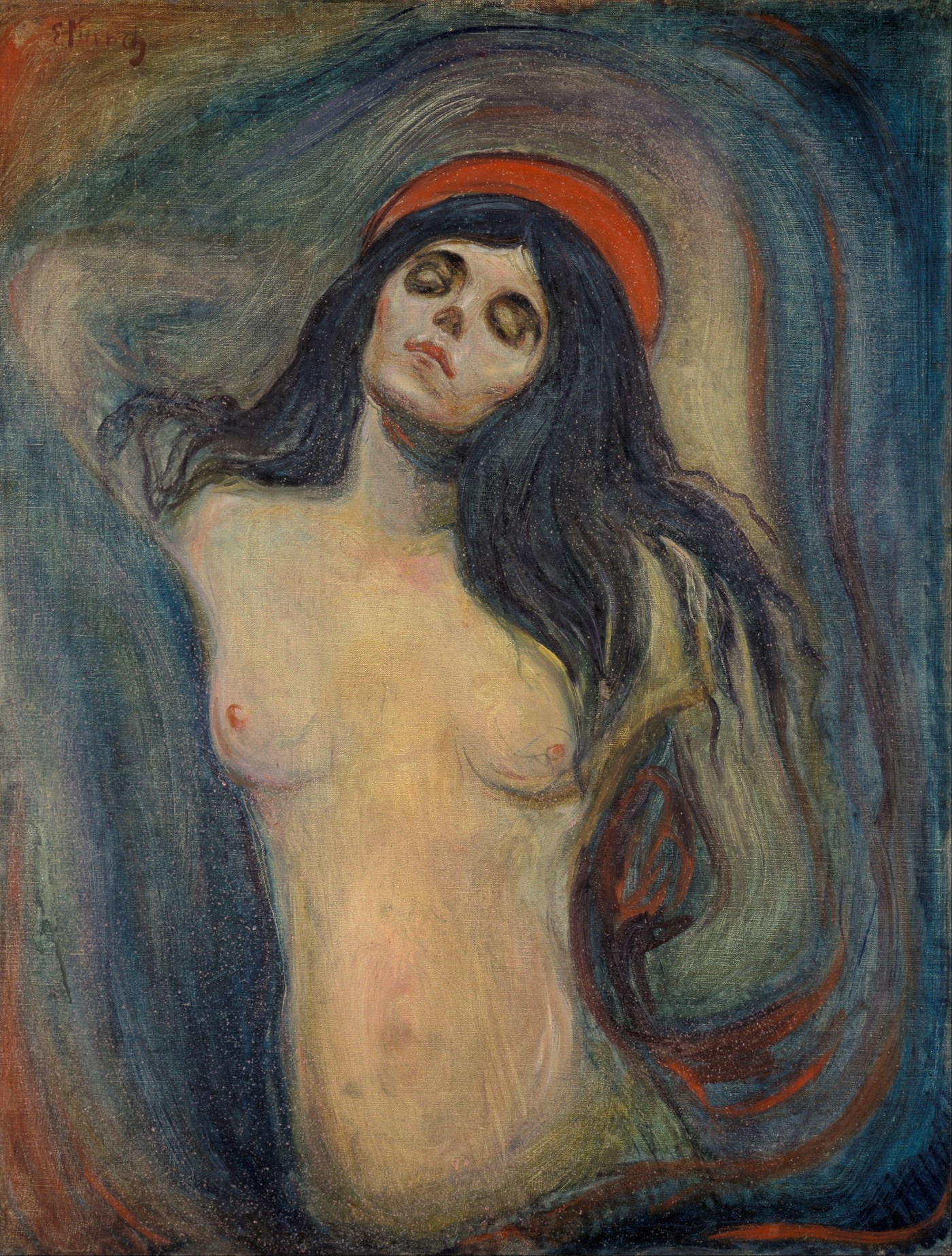 Edvard Munch, Madonna (1894), oil on canvas, a woman leaning back with closed eyes and a red halo, one arm behind her.
