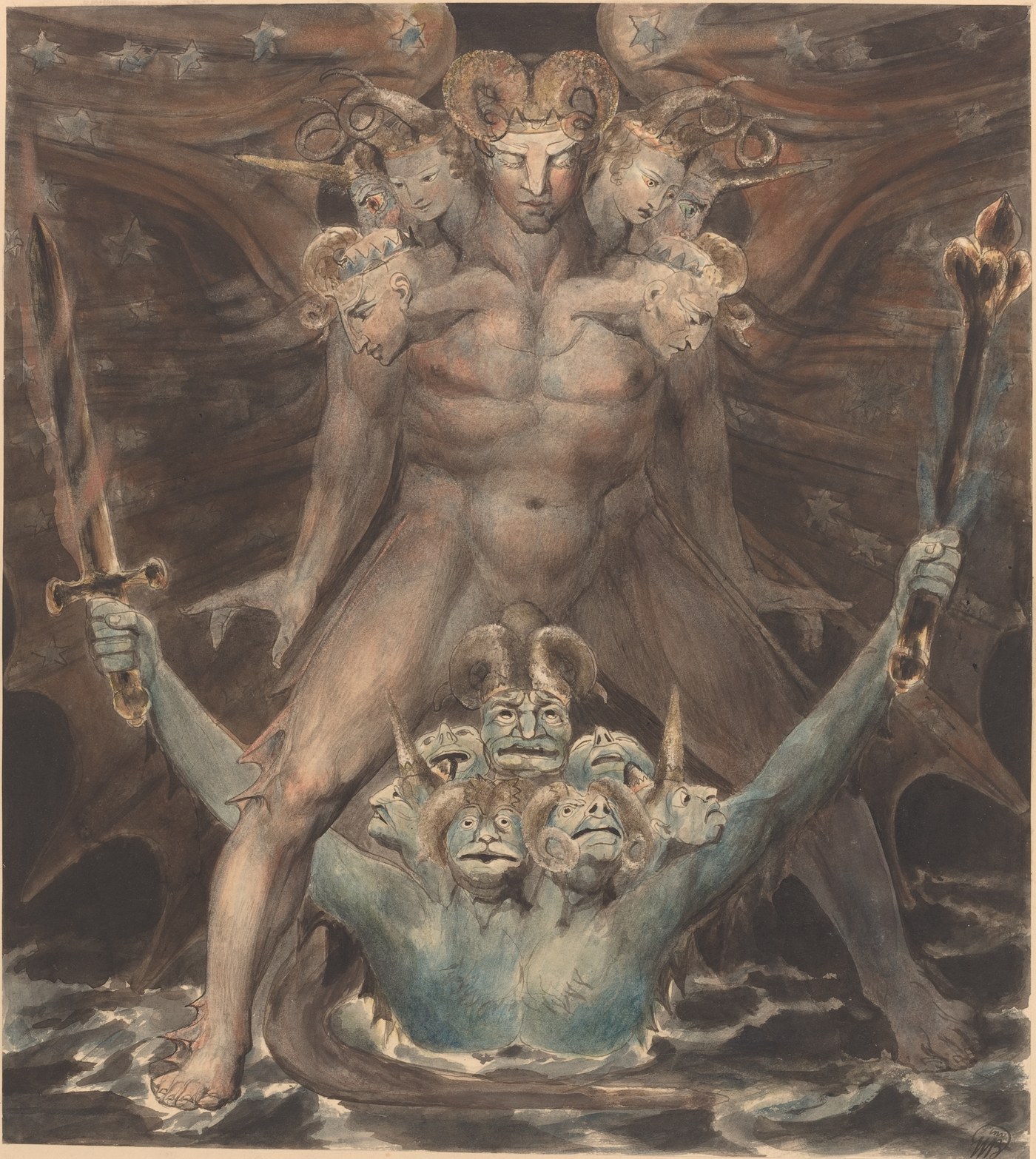 William Blake, The Great Red Dragon and the Beast from the Sea (c. 1805), a towering many headed figure holding swords above a swollen beast of many faces rising from the waves, a starry field spreading behind the wings.