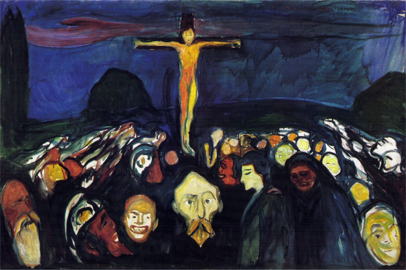 Edvard Munch, Golgotha (1900), oil on canvas, a gaunt crucified figure with Munch’s own features above a crowd of contorted faces.