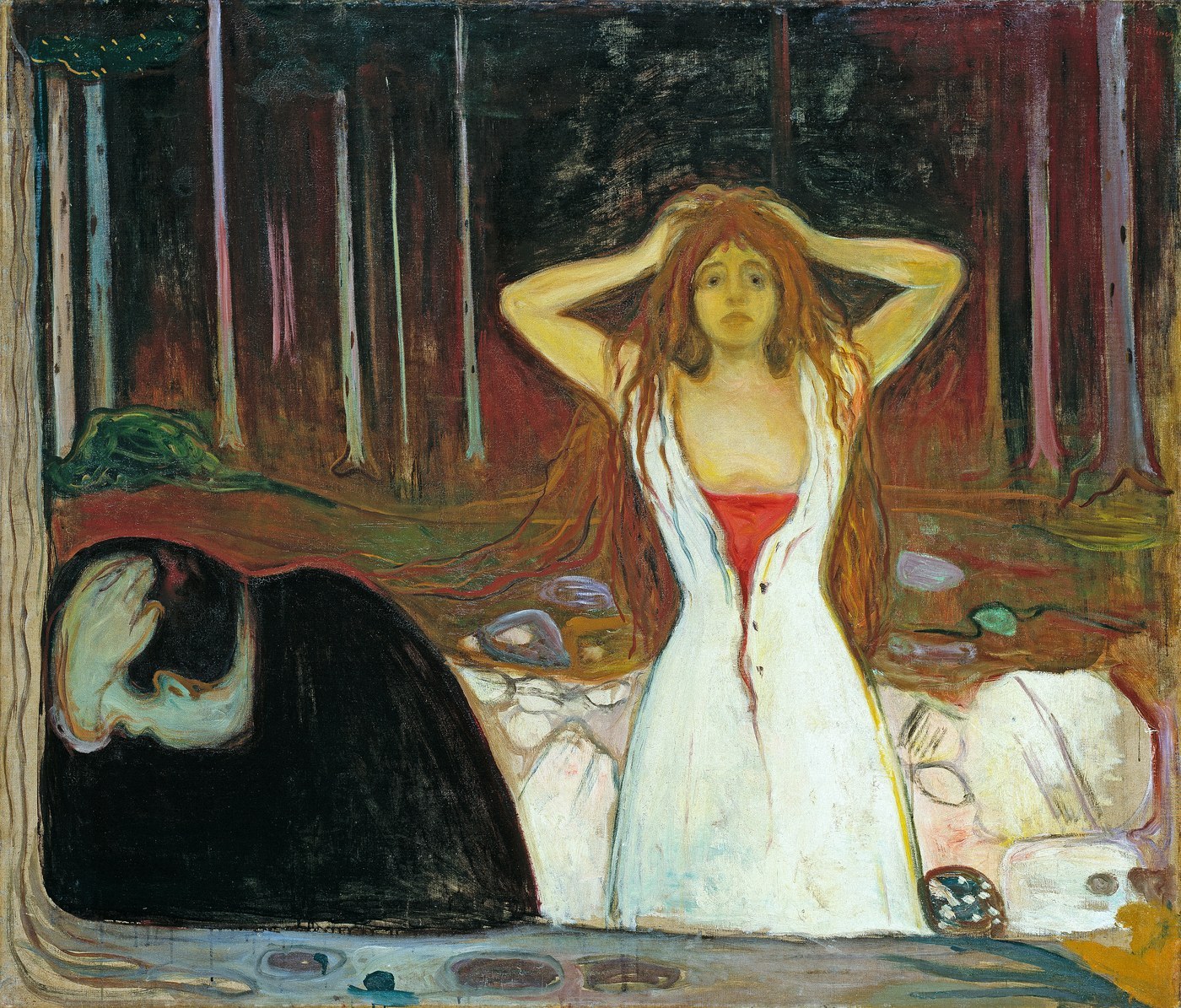 Edvard Munch, Ashes (1894), oil on canvas, a woman in a white shift standing with hands raised to her head while a man crumples at the edge of the frame.