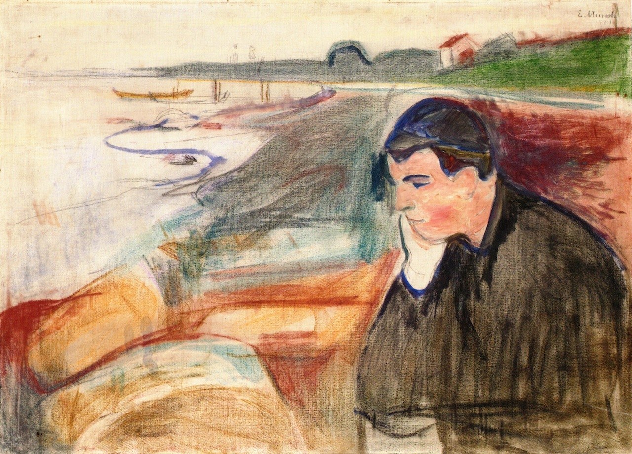 Edvard Munch, Evening. Melancholy (1891), oil on canvas, a man slumped in the foreground of a curving yellow shoreline while a couple boards a boat far behind him.