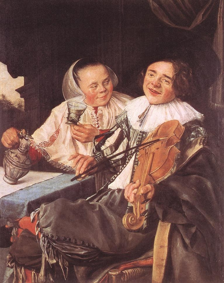 Judith Leyster, Carousing Couple (1630), oil on panel, a laughing man raising a glass beside a woman playing a violin by lamplight.