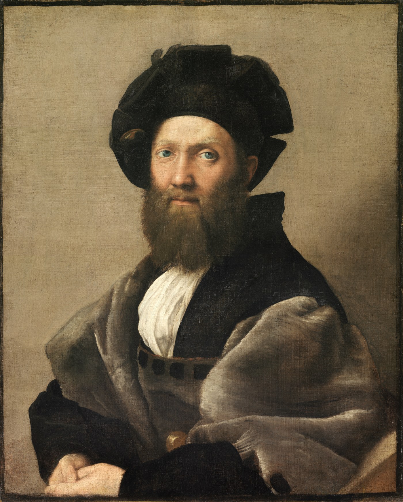 Raphael, Portrait of Baldassare Castiglione (c. 1514), oil on canvas, a bearded diplomat in grey and black with folded hands.