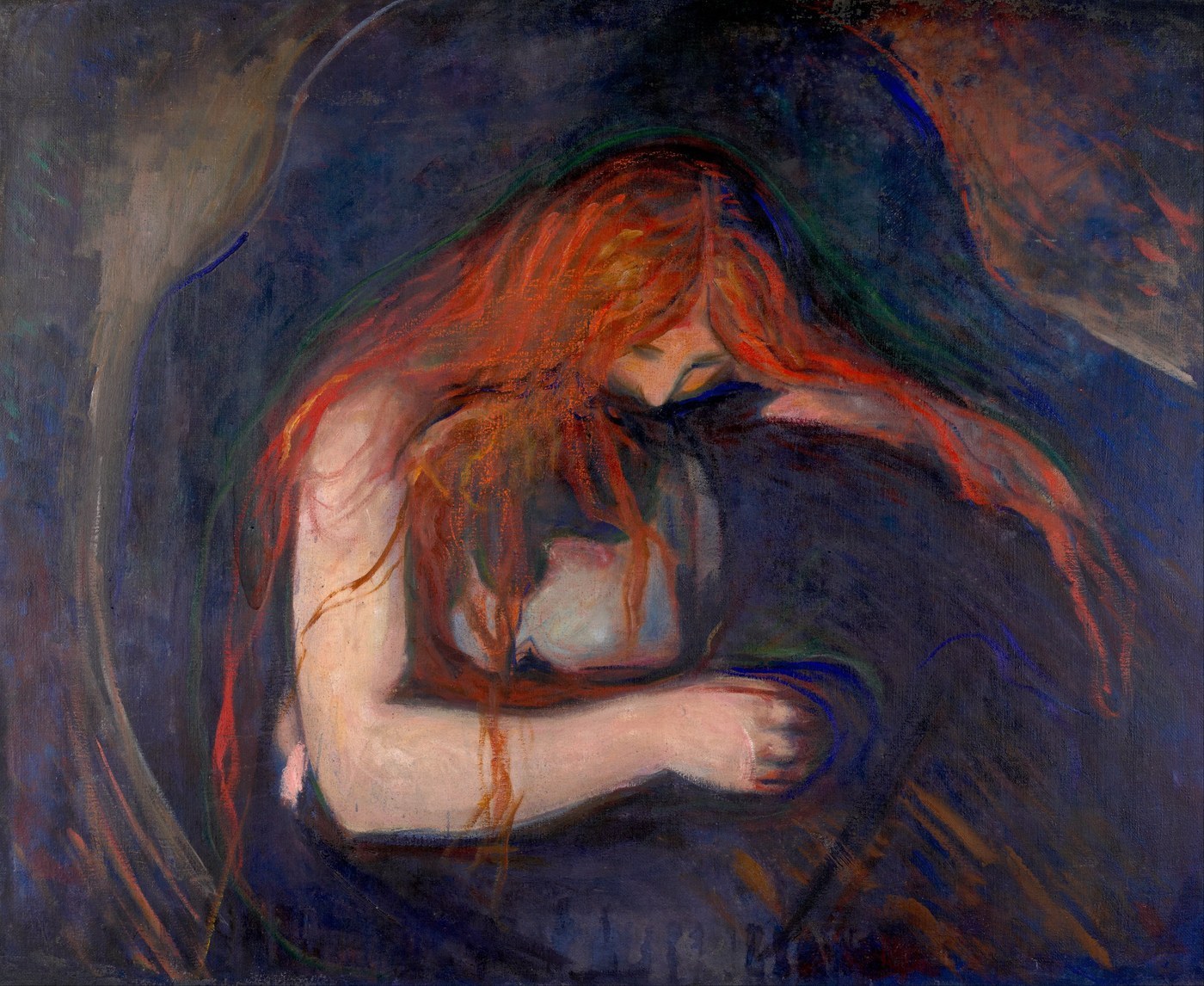 Edvard Munch, Vampire (1895), oil on canvas, a red-haired woman bending over a man and pressing her mouth to his neck as he folds into her.