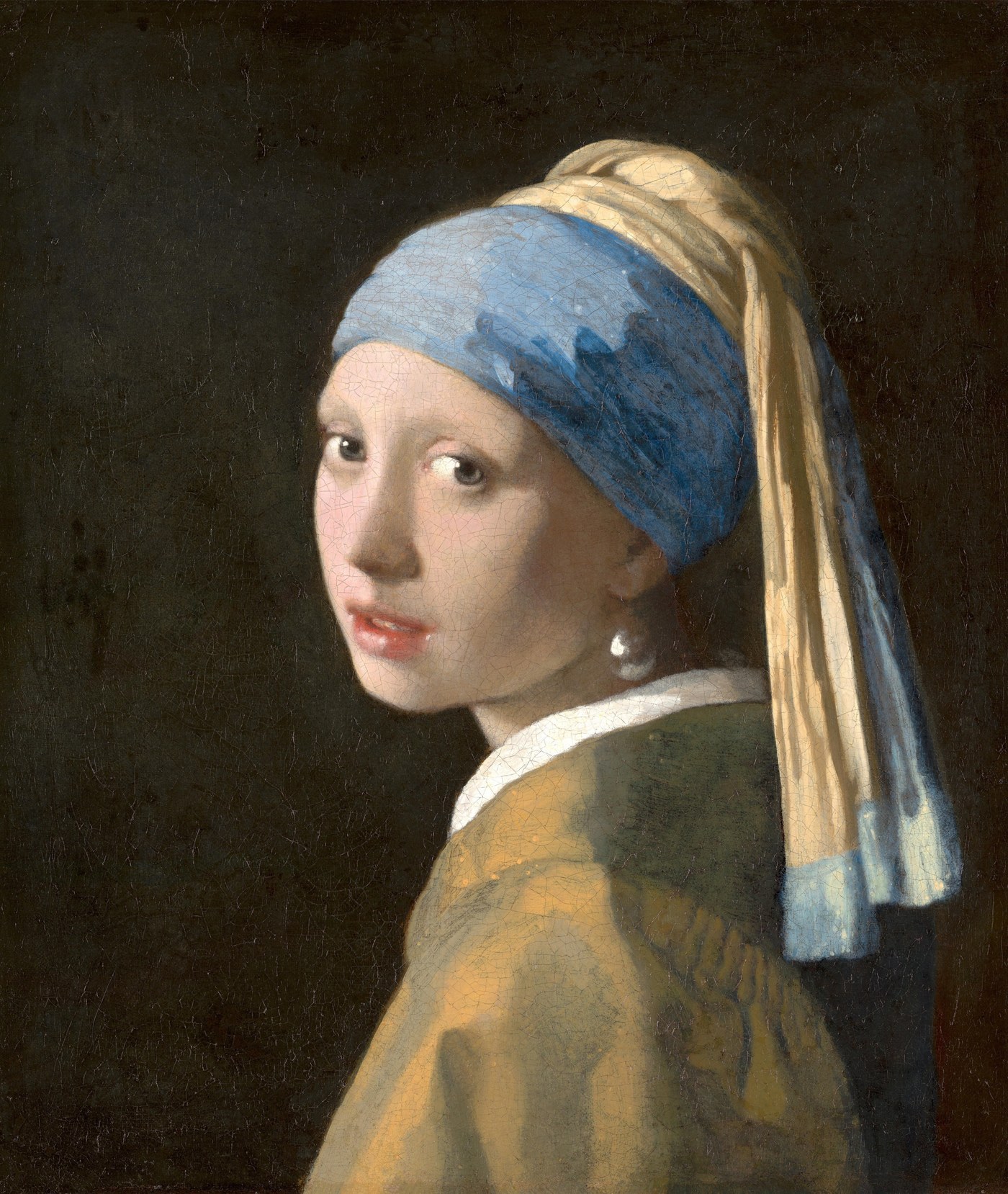 Johannes Vermeer, Girl with a Pearl Earring (c. 1665), oil on canvas, a girl in a blue and gold turban turning over her shoulder.