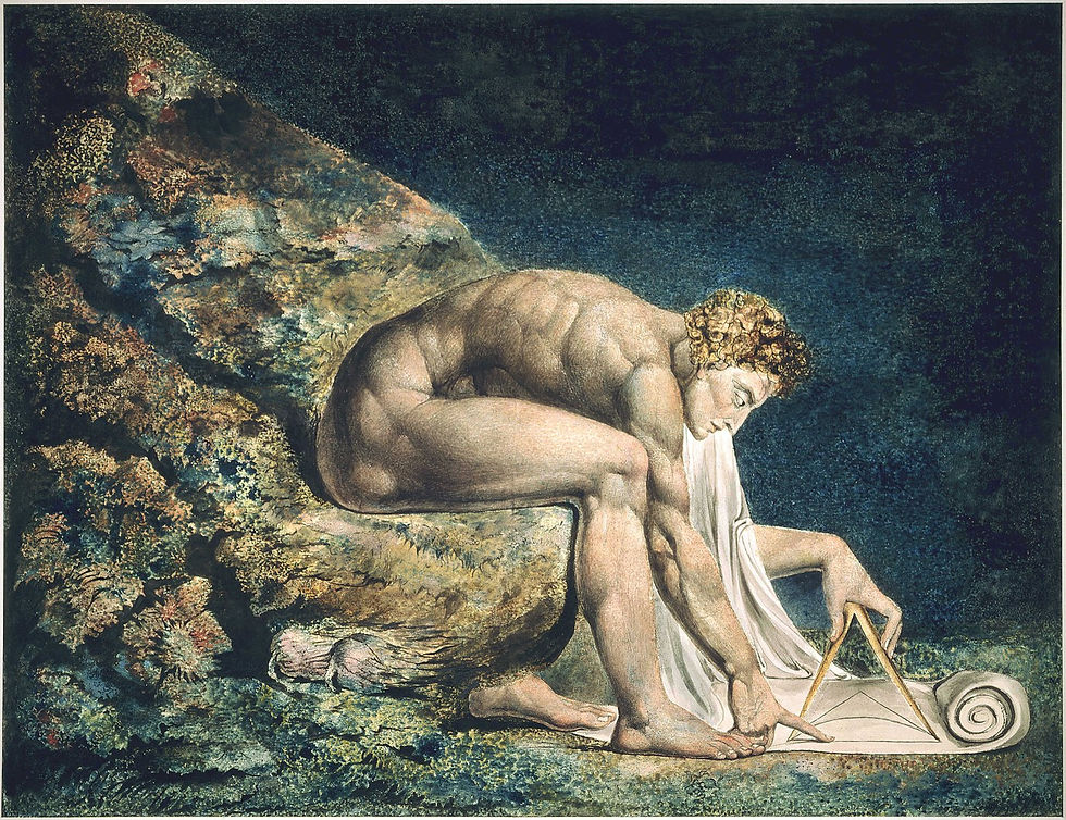 William Blake, Newton (1795), colour monotype finished in ink and watercolour, showing Isaac Newton bent over a compass and scroll.