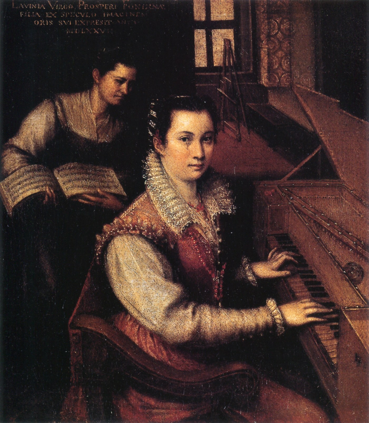 Lavinia Fontana, Self-Portrait at the Clavichord (1577), oil, a young woman in fine dress seated at a keyboard instrument with an attendant behind her.
