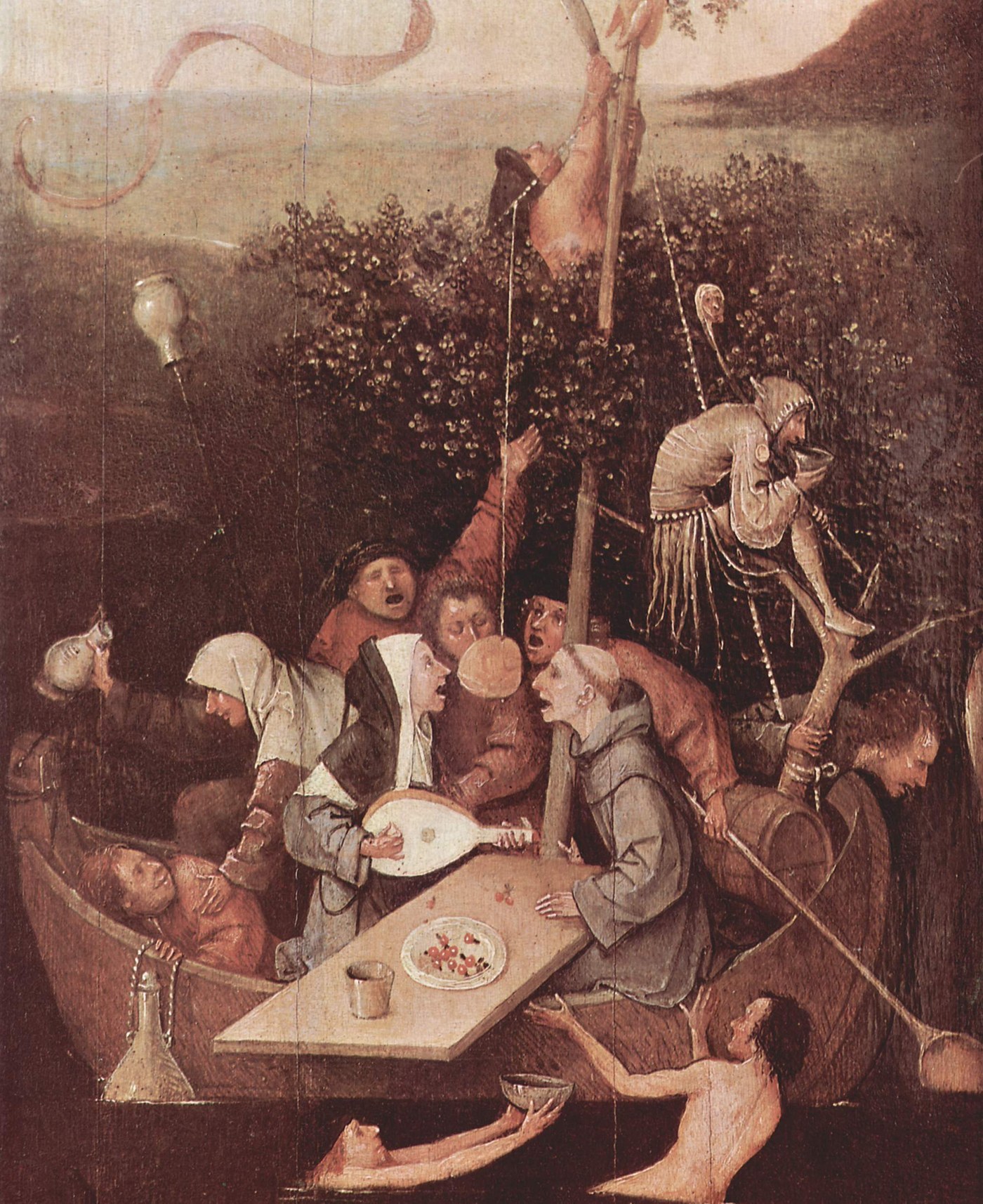 Hieronymus Bosch, Ship of Fools (c. 1500), oil on oak panel, a small boat crowded with a singing monk and nun, drinkers and a jester.
