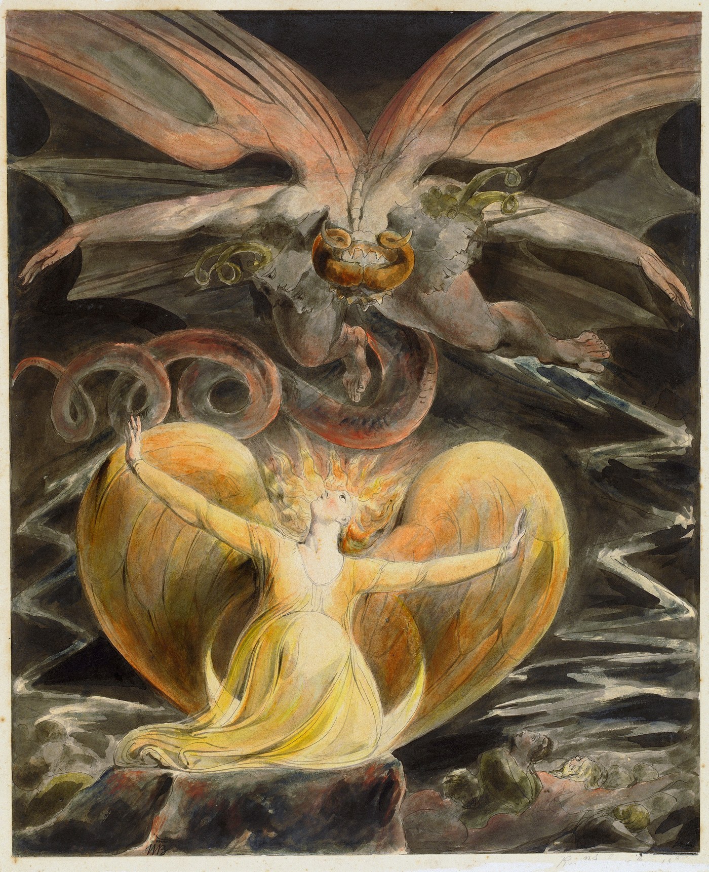William Blake, The Great Red Dragon and the Woman Clothed in Sun (c. 1805), watercolour and ink over pencil, a scaled red dragon with wings spread across the sky arching over a kneeling woman in gold whose hair rises like flame, dark water and small drowning figures below.