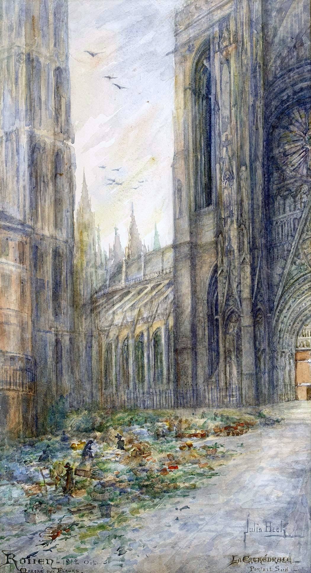 Julia Beck, Flower Market, Rouen (1912), oil on canvas, a bustling open-air flower market with figures and stalls beneath tall buildings, painted in soft daylight.