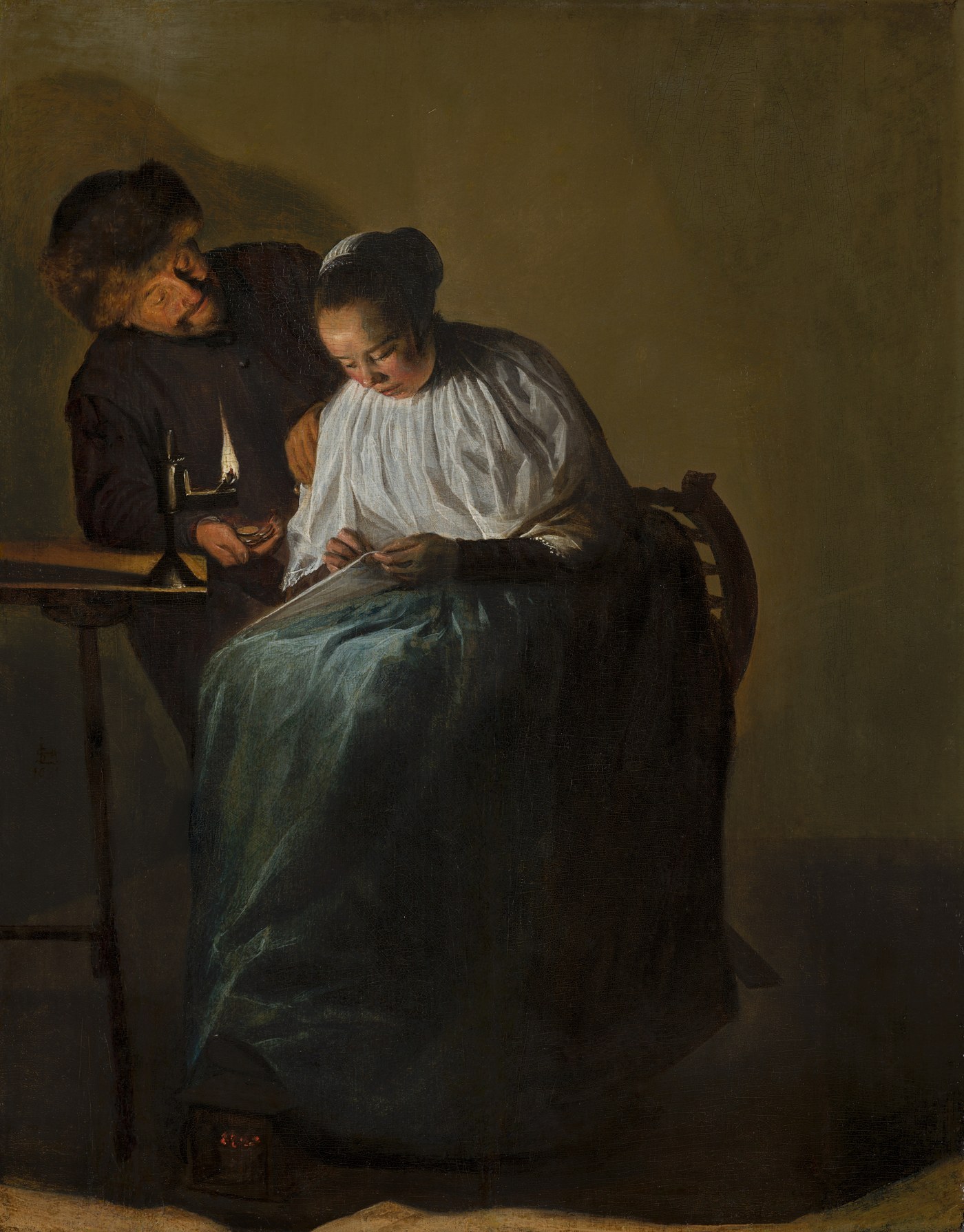 Judith Leyster, Man Offering Money to a Young Woman (1631), oil on panel, a woman bent over her needlework by candlelight while a man leans in with coins in his palm.