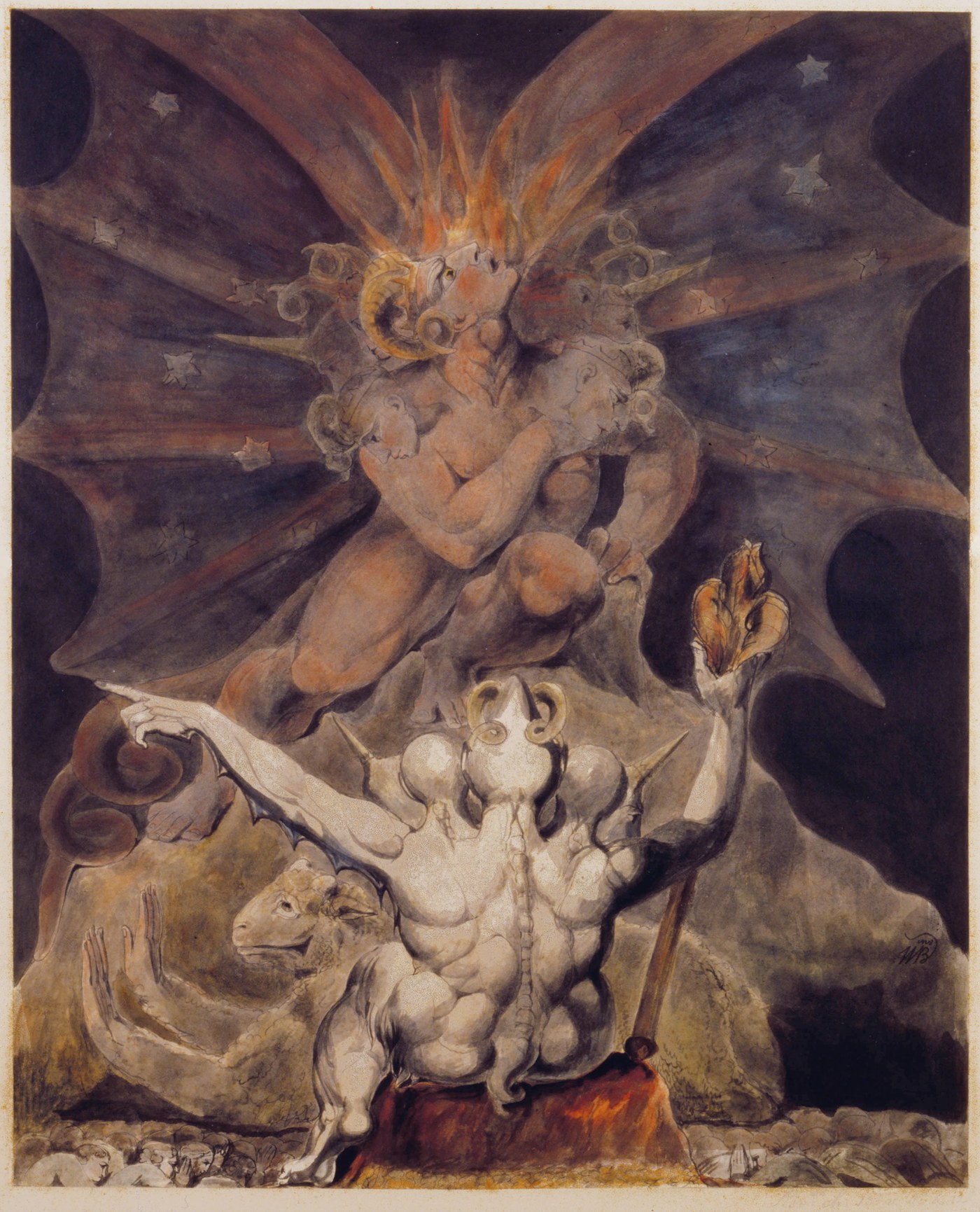 William Blake, The Number of the Beast is 666 (1805), a winged dragon with human form above a pale two horned beast that rises from the earth, arms outstretched over a small crowd of worshippers among rocks.