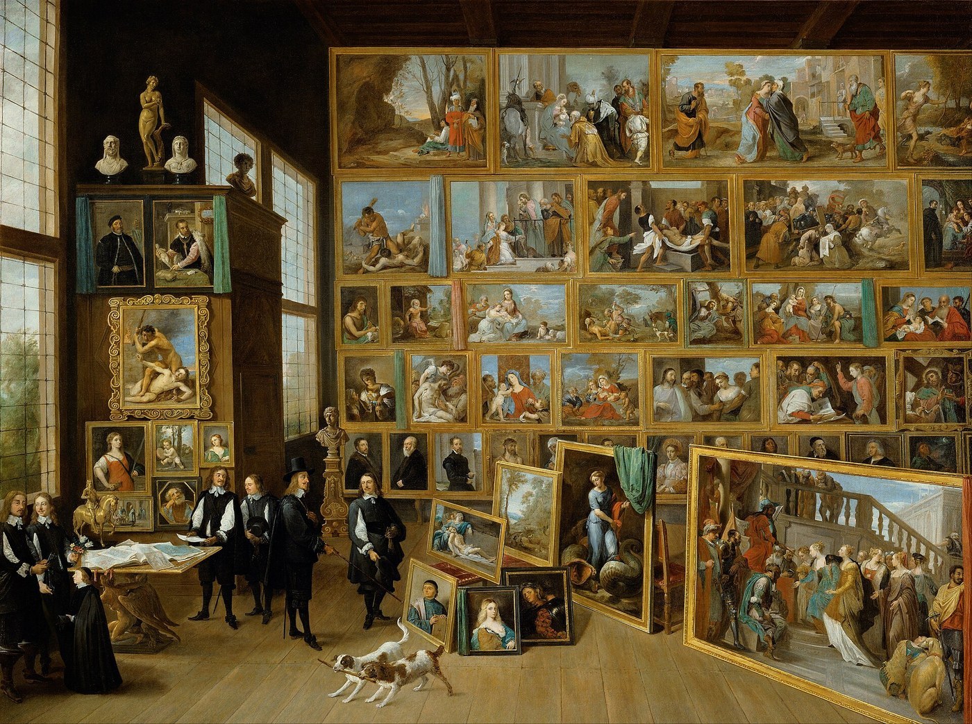 David Teniers the Younger, Archduke Leopold Wilhelm in his Gallery in Brussels (c. 1651), oil on canvas, a gallery hung floor to ceiling with Italian pictures.
