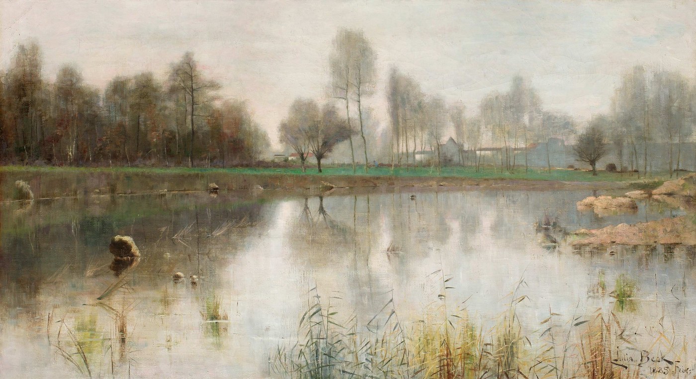 Julia Beck, Grez near Nemours (Seine et Marne) (1885), oil on canvas, a wide green river landscape with trees reflected in the flat water and a low far bank.