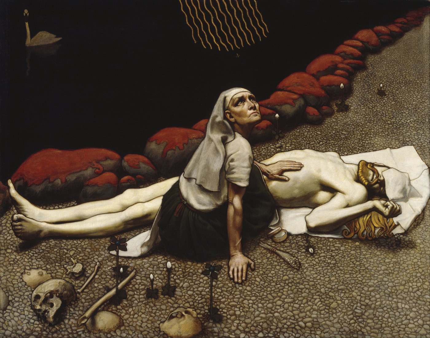 Akseli Gallen-Kallela, Lemminkäinen’s Mother (1897), tempera on canvas, a mother kneeling on the dark shore of the river of the dead over the broken body of her son.