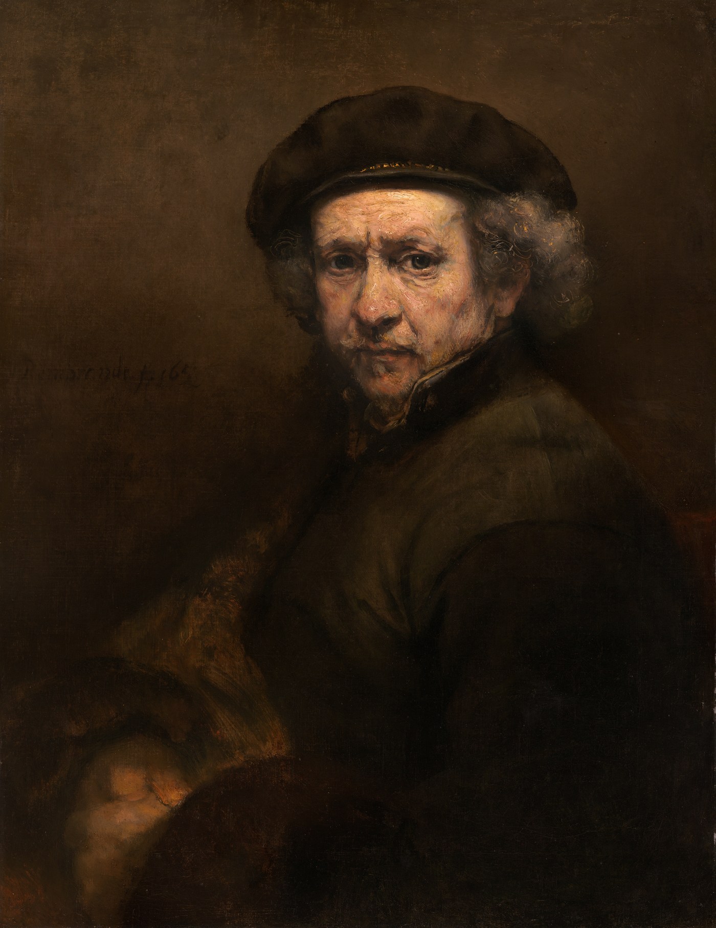 Rembrandt van Rijn, Self-Portrait (1659), oil on canvas, the ageing painter facing the viewer with a lined forehead.