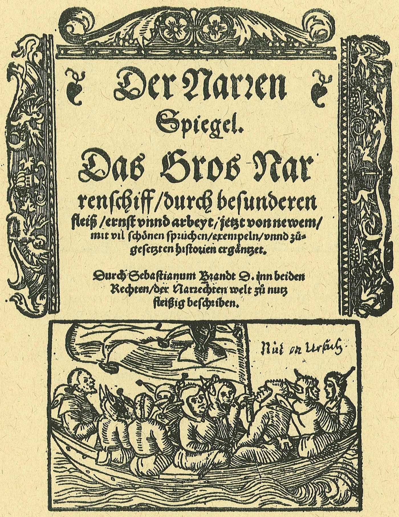 A woodcut title page from an early printed edition of Sebastian Brant’s Das Narrenschiff showing a small boat crowded with capped fools.