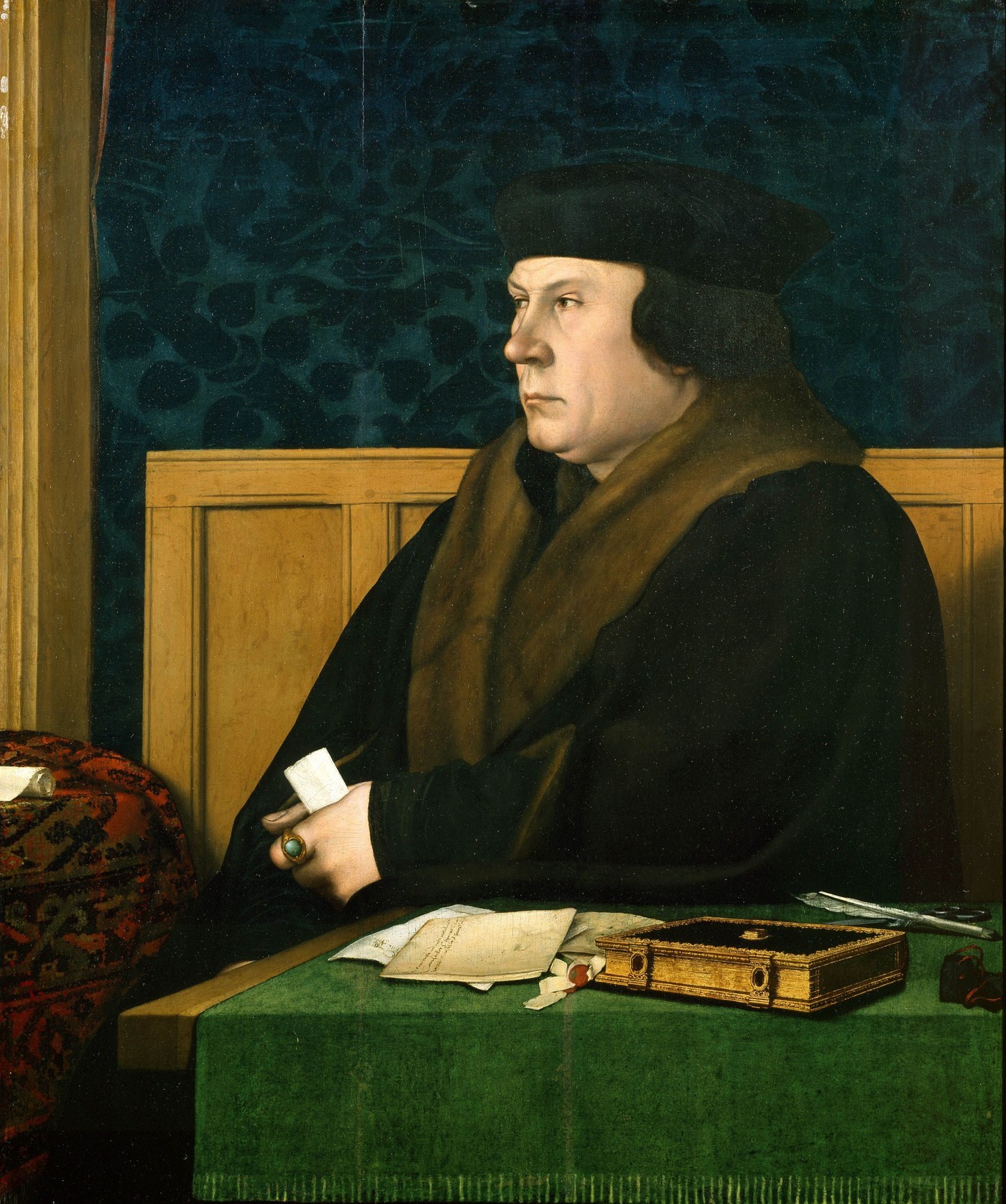 Hans Holbein the Younger, portrait of Thomas Cromwell seated at a table in dark robes, a letter and books before him.
