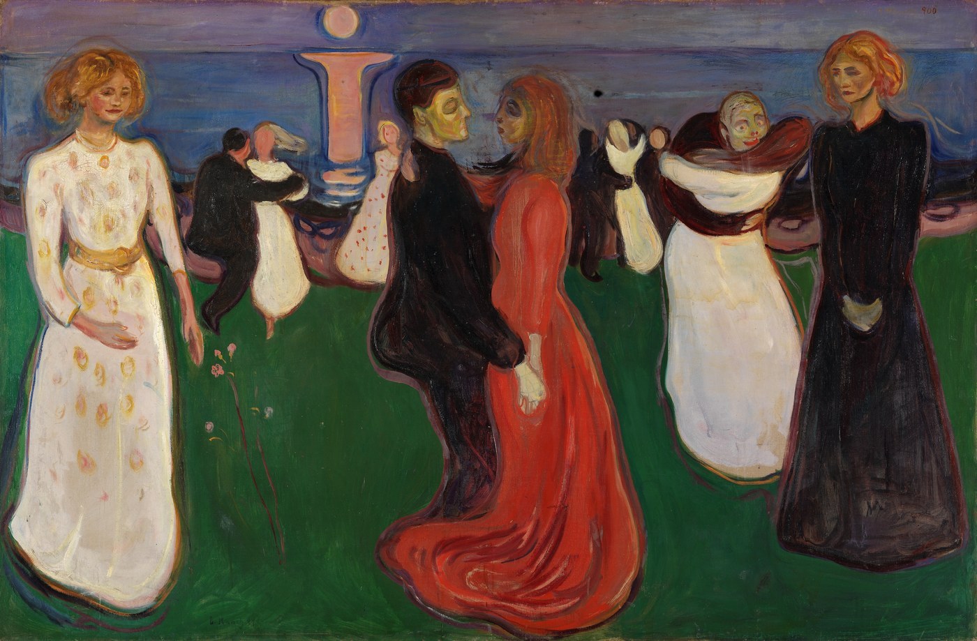 Edvard Munch, The Dance of Life (1899-1900), oil on canvas, couples turning on the grass under a low moon at Asgardstrand, with women in white, red, and black.