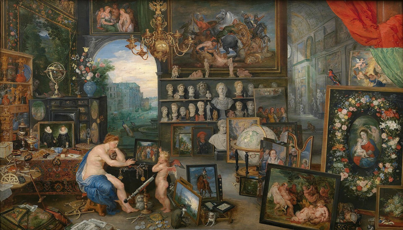 Jan Brueghel the Elder and Peter Paul Rubens, The Sense of Sight (1617), oil on panel, Venus and Cupid amid a room full of pictures, sculpture and instruments.