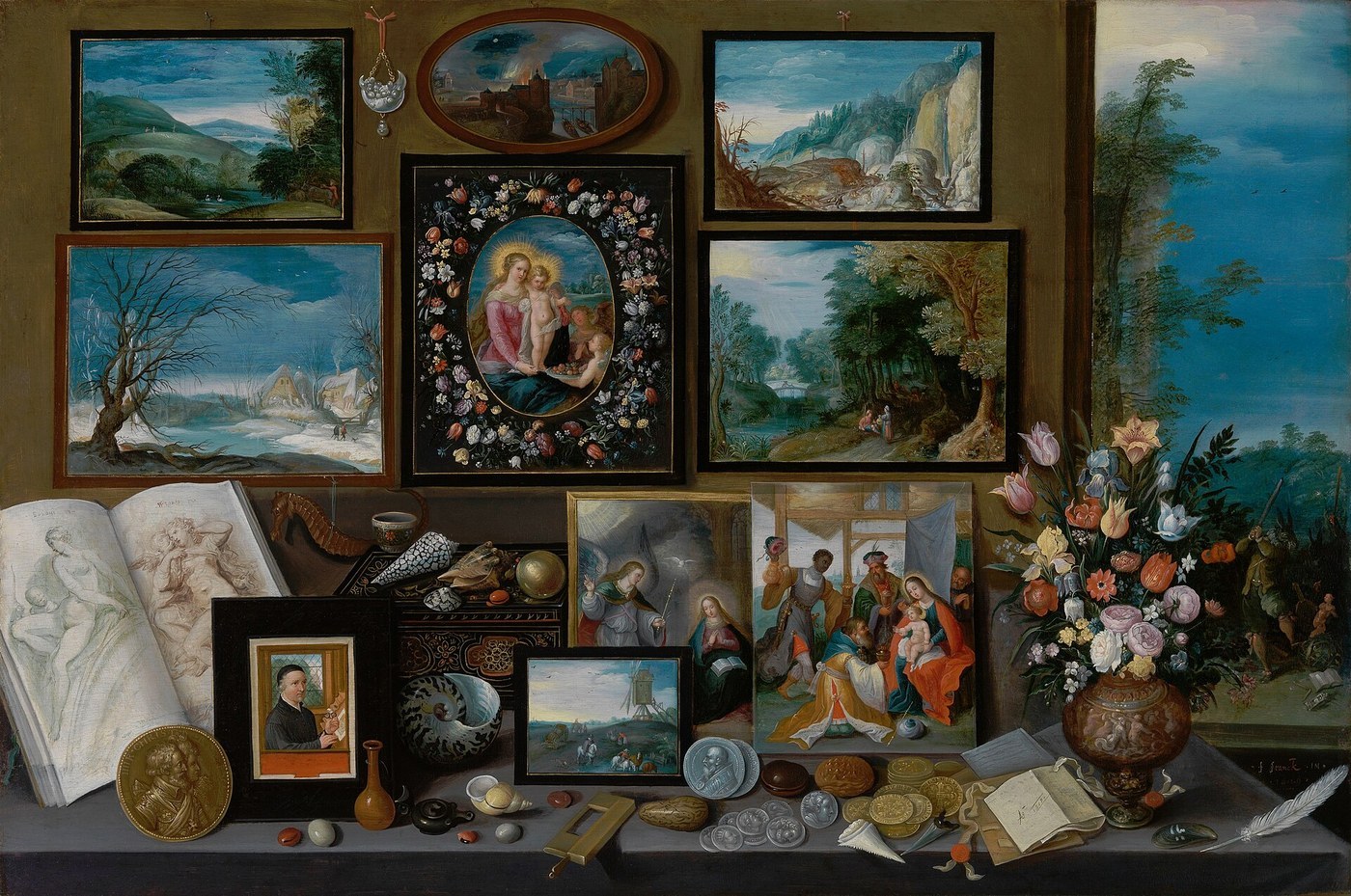 Frans Francken the Younger, The cabinet of a collector with paintings, shells, coins and flowers (1619), oil on panel.