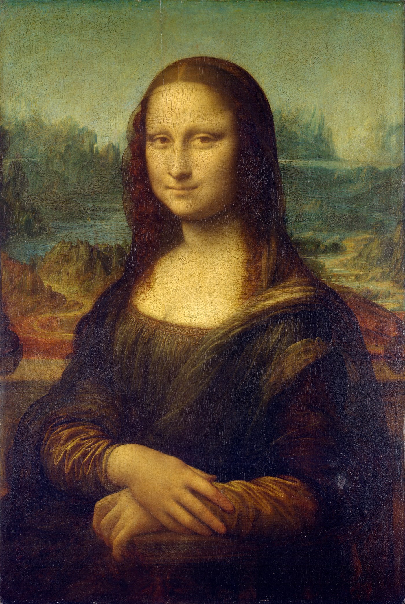 Leonardo da Vinci, Mona Lisa (c. 1503), oil on poplar panel, a seated woman with folded hands before a hazy landscape.