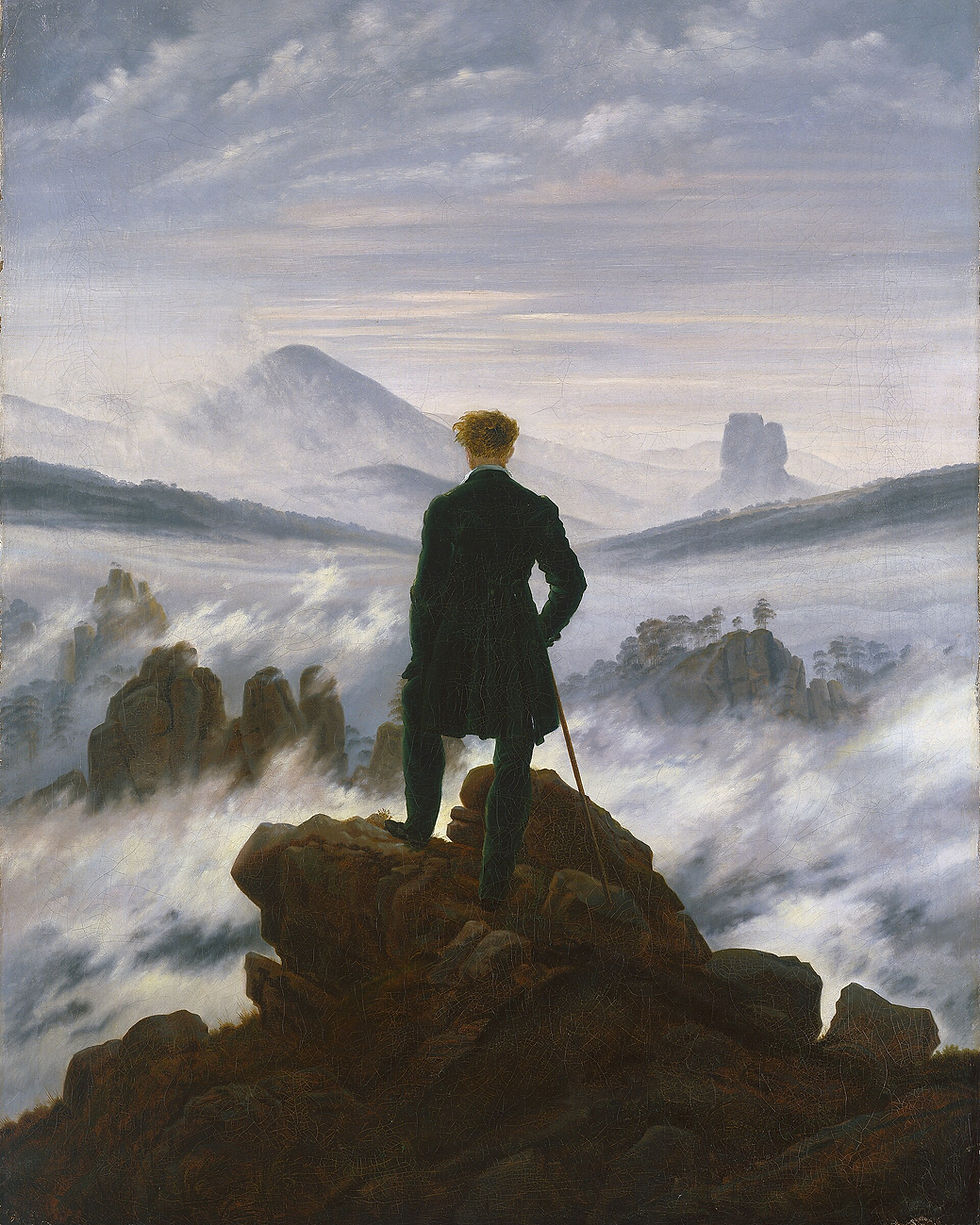 Friedrich, Wanderer above the Sea of Fog (1818) — large entryway landscape