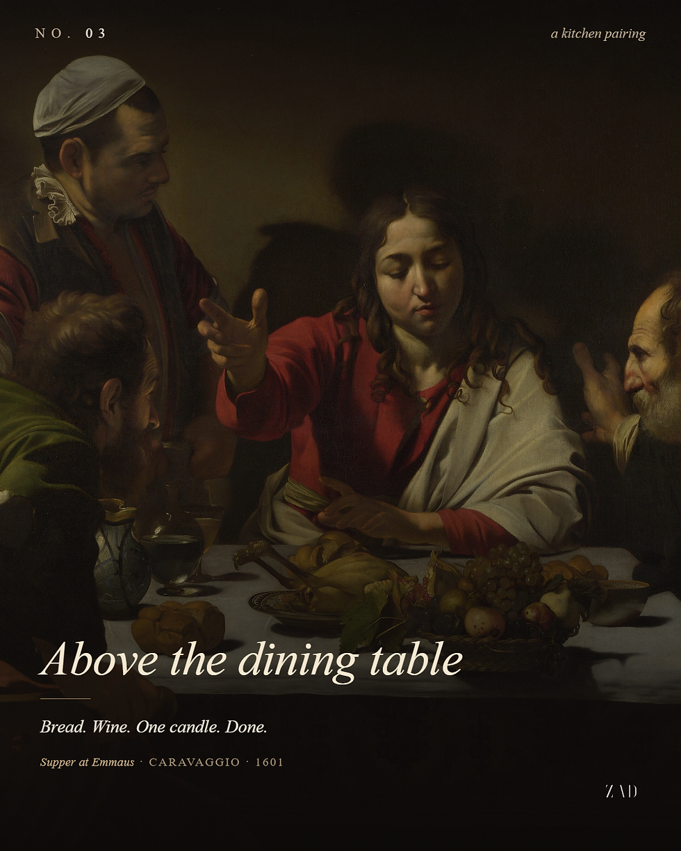 Caravaggio's Supper at Emmaus (1601) — bread, wine, one candle.