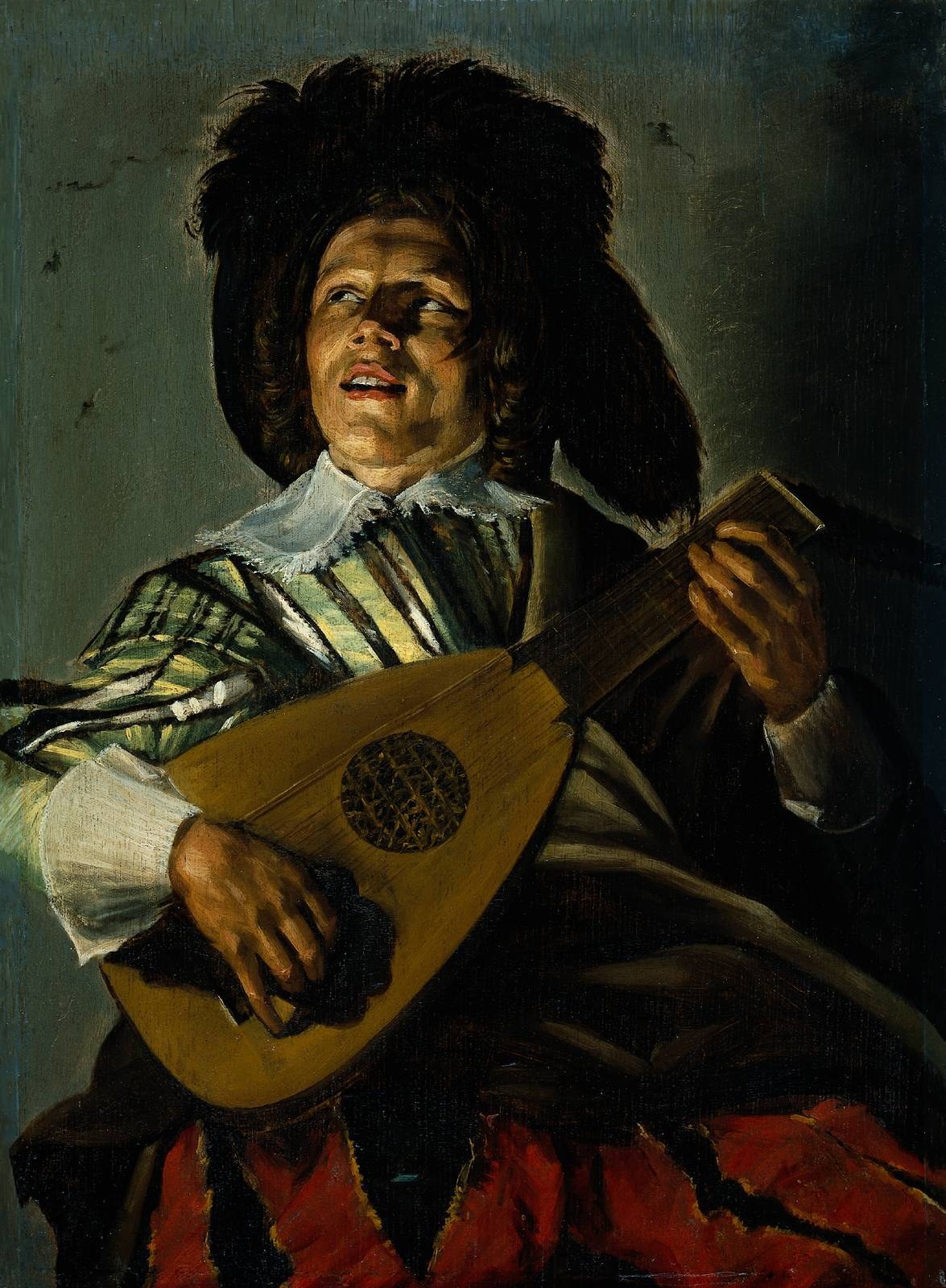 Judith Leyster, The Serenade (1629), oil on panel, a young musician in a plumed cap looking upward as he plays a lute by warm light.